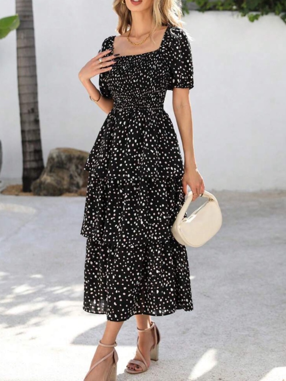 Black and White Floral Tiered Midi Dress